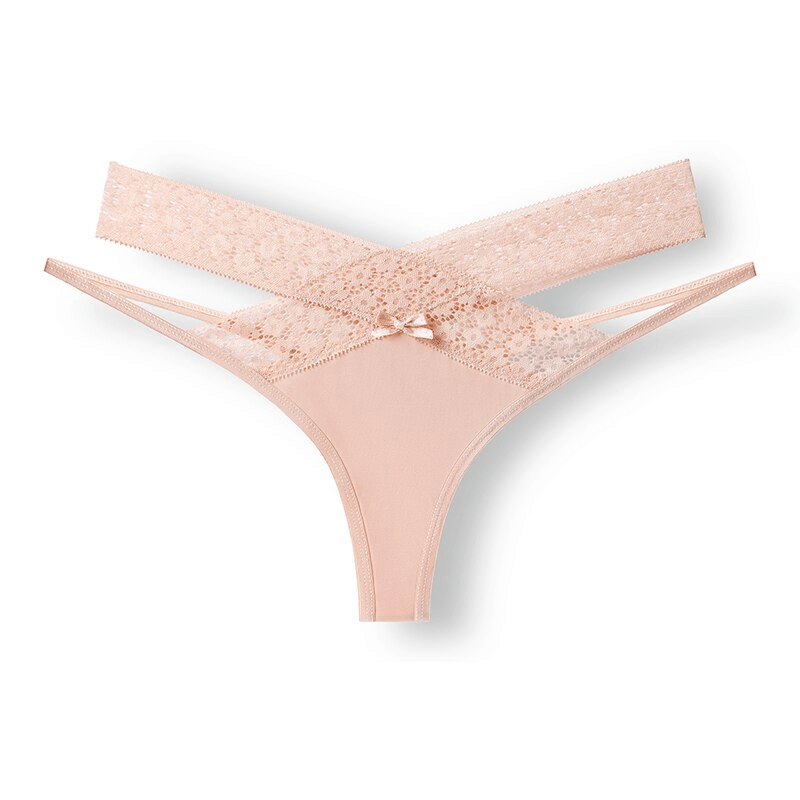 Sexy lace breathable women's thong with cutouts in peach color, featuring a low-waist and G-string style for ultimate comfort.